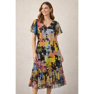 Calesa Abstract Mesh Lace Midi Dress MultiColor V-Neck Ruffle Hem Small Tiered